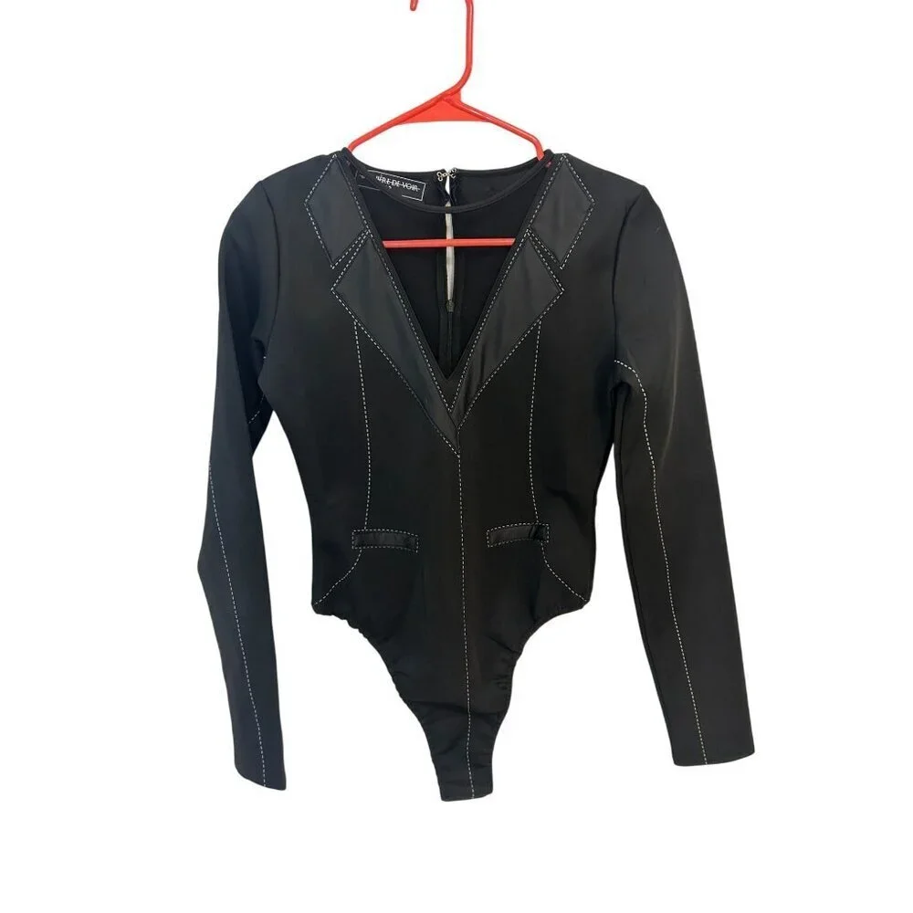 Maniere De Vior Black Tuxedo style Sexy Bodysuit UK 12 Fits US 6  8 - Picture 2 of 5